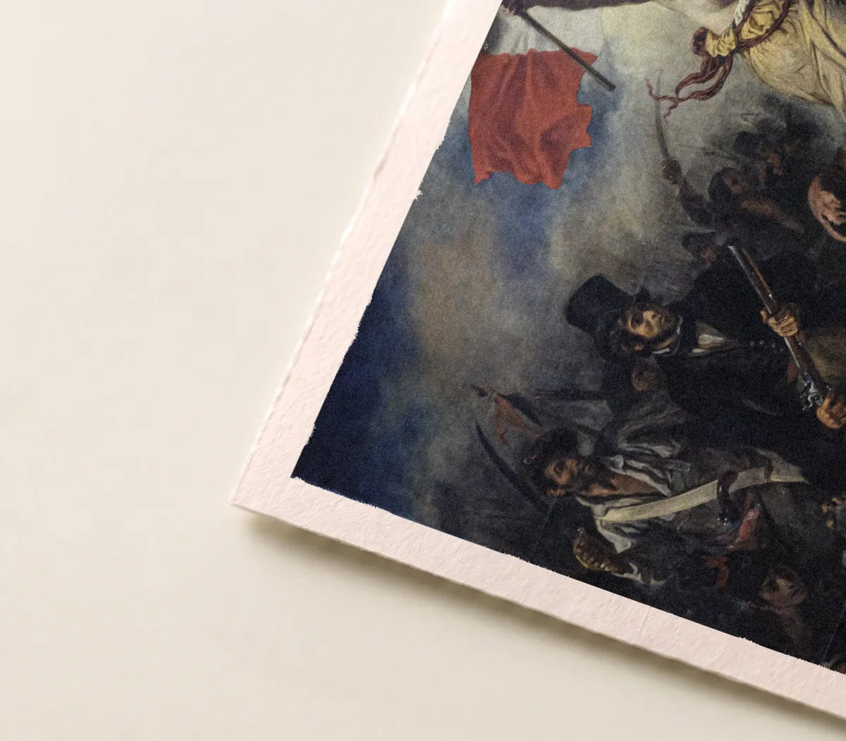 Détail de l'affiche de campagne : reproduction de La Liberté guidant le peuple, d'Eugène Delacroix, posée sur une feuille de papier crème.