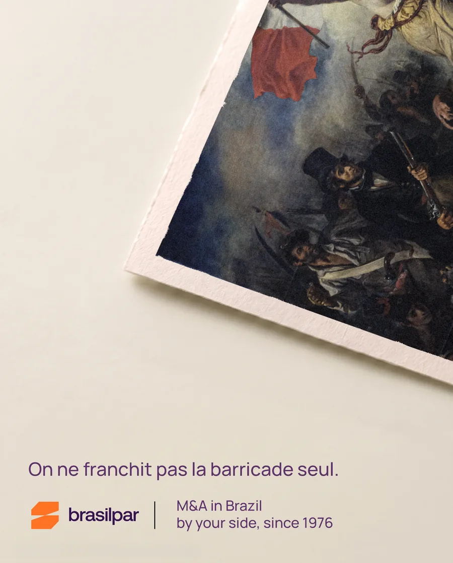 Affiche de campagne Brasilpar : La Liberté guidant le peuple, d'Eugène Delacroix, avec la phrase « On ne franchit pas la barricade seul ».