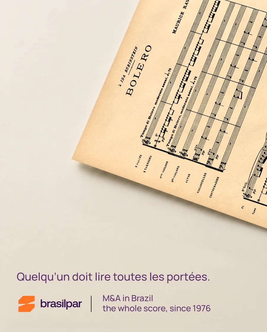 Affiche de campagne Brasilpar : partition d'orchestre du Boléro de Maurice Ravel, avec la phrase « Quelqu'un doit lire toutes les portées ».